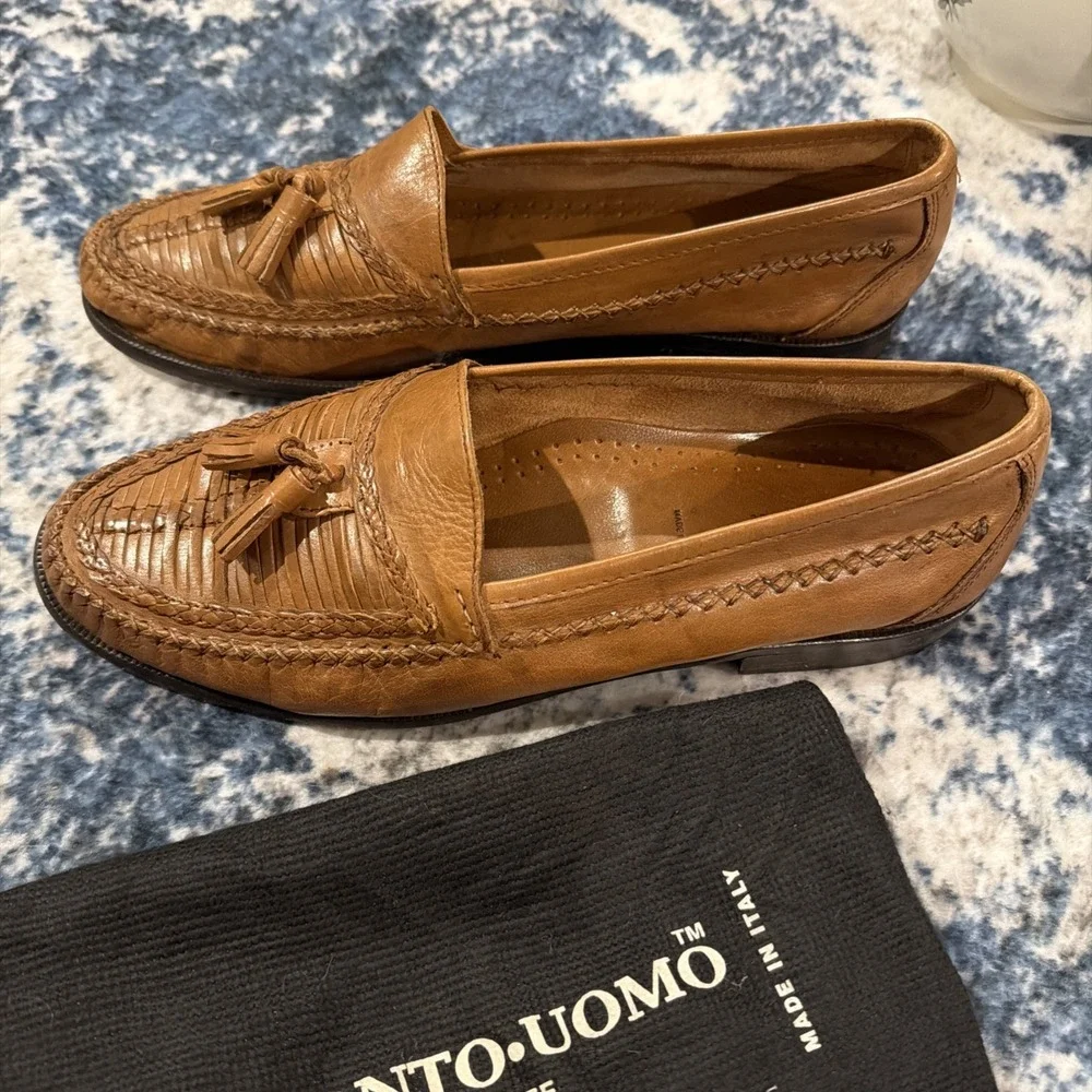 PRONTO UOMO Firenze Mens 10.5M Brown Basket Weave Leather‎ Loafer Tassels Italy